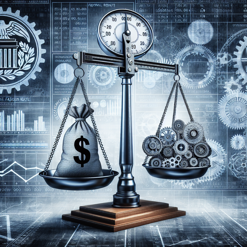 An illustrative image representing the concept of the Federal Reserve working on strategies to relieve inflation. Depict a symbolic image showcasing a large organization scale made up of numerous gears and cogs, symbolizing the Federal Reserve. On one side of the scale, visualize a traditional sack of money personifying inflation. On the other side, portray a caliper adjusting the scale, symbolizing interest rate decisions, creating balance. The background should be a corporate environment suffused with analytical graphs, reports, and financial symbols, indicating a diligent, strategic approach.