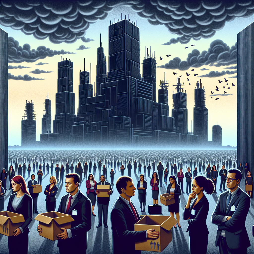 An image depicts a symbolic representation of the topic: large, ominous silhouettes of towering tech structures overshadowing a sea of upset and disappointed diverse group of office workers. The office workers, showing a mixture of male and female, Hispanic and Asian descent, hold boxes indicating they've been laid off. In the background, the sky carries a gloomy aura filled with stormy clouds, indicating the uncertainty and negativity surrounding the situation. Please ensure a strong sense of emotion and narrative in the illustration.