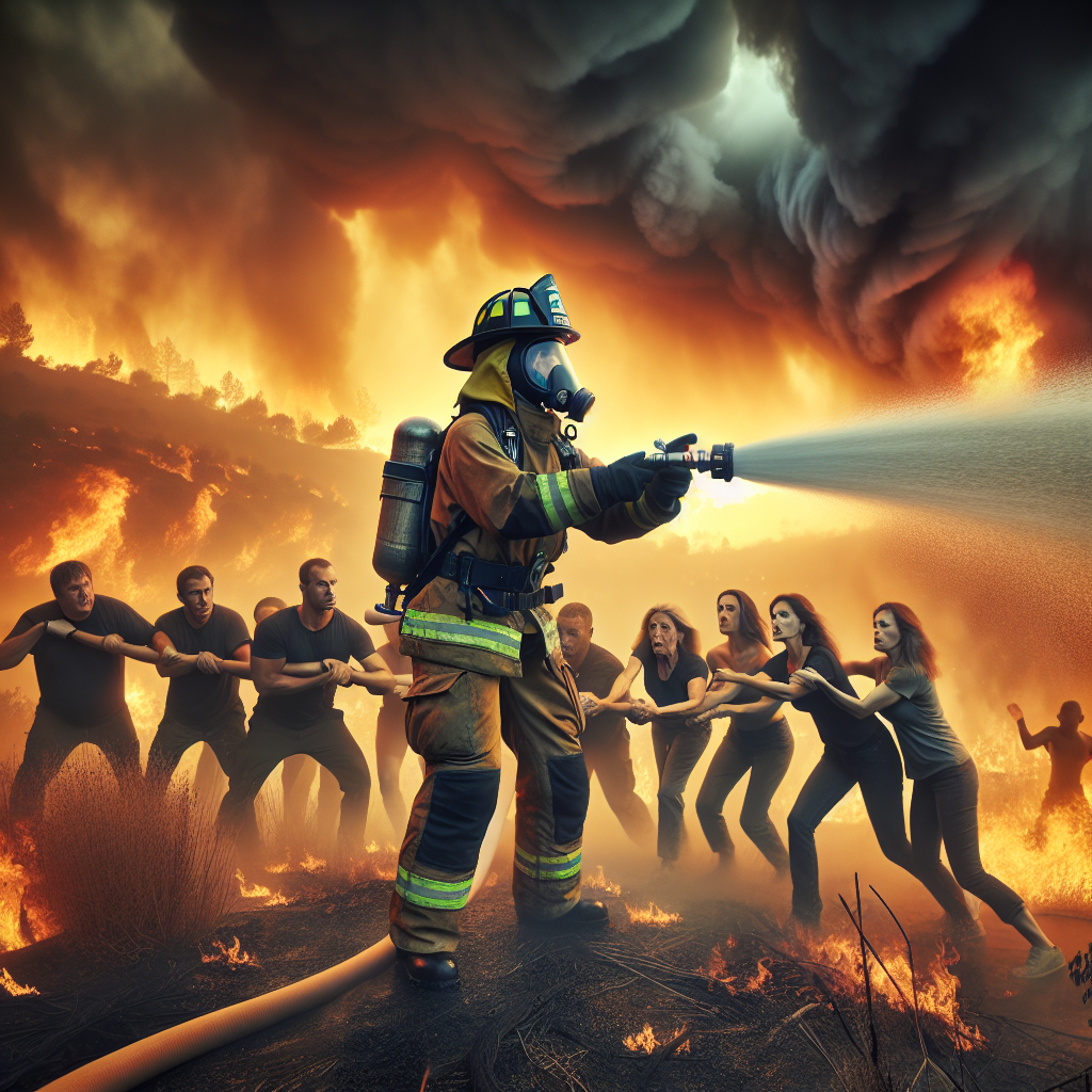 A heroic scene during a dramatic wildfire emergency. At the center is a middle-aged Hispanic female firefighter suited up in safety gear, dousing the rampant flames with a powerful hose in an attempt to contain the wildfire. In the foreground, a group of mixed descent and gender, forming a community helping chain, are seen quickly passing along emergency water supplies and equipment to combat the extreme heatwave. In the far background, a sky smoky and stylized, casting an ominous orange glow over the landscape, intensifying the urgency of the situation.