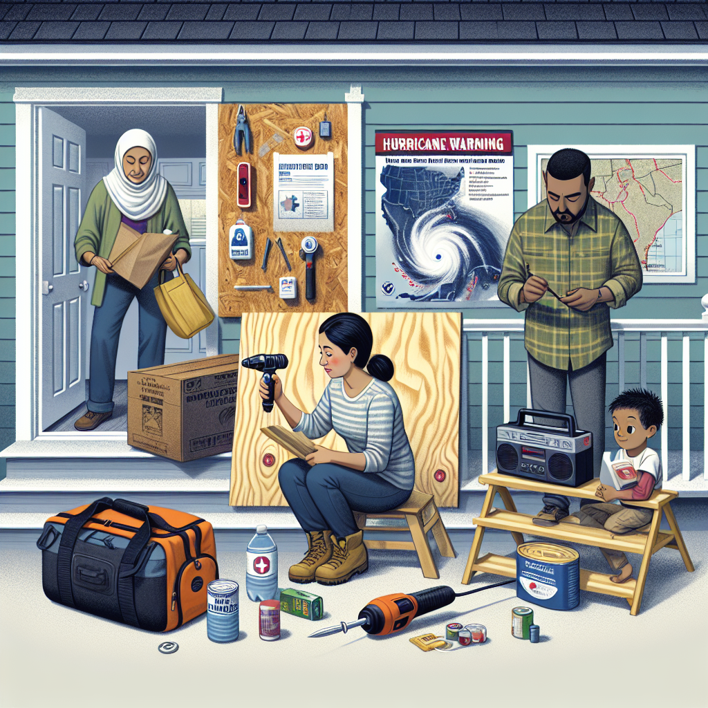 An illustrative scene demonstrating important tips for hurricane season as suggested by FEMA. The picture contains a South Asian woman packing an emergency bag with items like a flashlight, bottled water, a first aid kit, and canned food while a Middle-Eastern man is securing the house, nailing plywood over the windows. On the side, a Black young boy is listening to a weather update on a battery-powered radio, with a hurricane warning shown on a map in the background. The atmosphere is calm but focused, nothing feels chaotic or panicked.