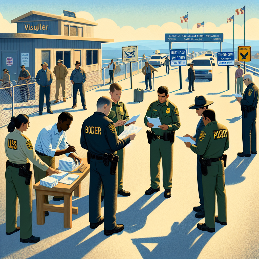 Visualize a symbolic representation of US immigration policy changes affecting border security. The picture could feature a scene at a border crossing point on a sunny day with guards inspecting paper documents, perhaps new immigration policy guidelines. The border guards, both men and women, with diverse ethnic backgrounds such as Hispanic, Caucasian, Black, Middle-Eastern should be seen professionally performing their duties. Include adjacent signboards presenting key updates and pictographic symbols. The environment should look secure but welcoming. Remember to respect all sides and do not generate any offensive or controversial imagery.