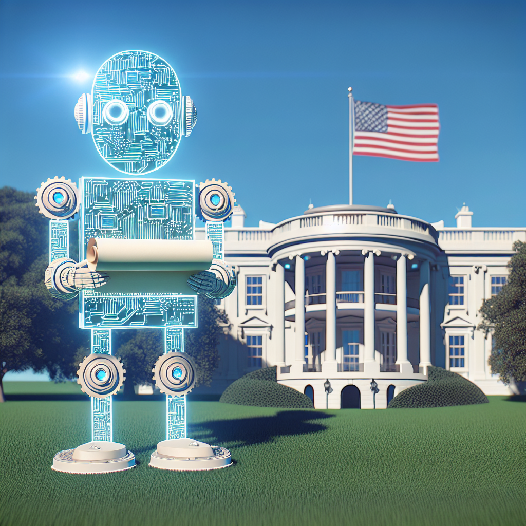 Illustration of a symbolic representative for artificial intelligence, perhaps as a figure made of gears and circuits, holding a set of scrolls symbolizing regulations. In the background, a simplified design of the White House represented as a traditional Government building can be seen. It's a clear day with the sunlight reflecting off the surfaces. This scene is set outdoors with fields of green grass and a clear blue sky overhead.