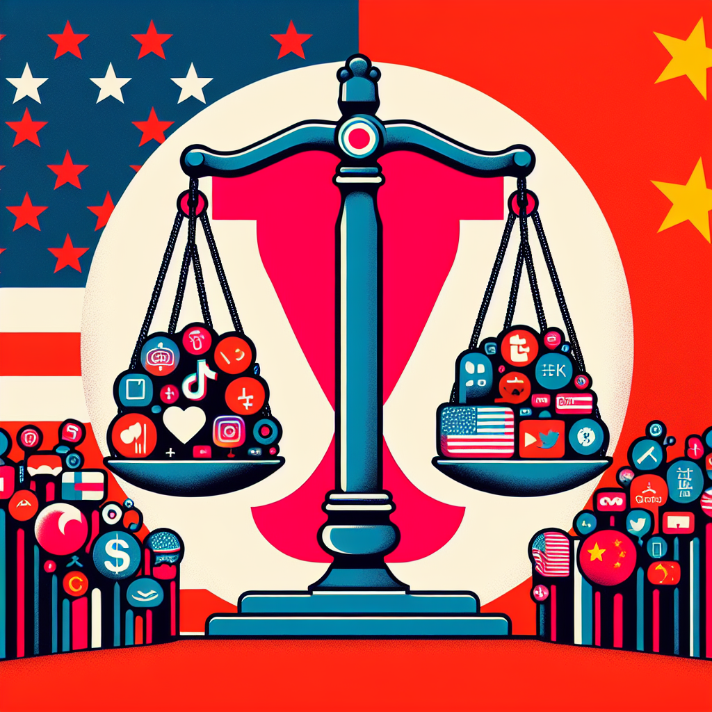 An illustration symbolizing the ongoing debate over the potential ban of the social media platform, TikTok, amidst growing technological tensions between the United States and China. The image should include representative icons or symbols of each country, such as national flags or outlines of the countries. The TikTok logo can be depicted as a point of contention between these representations. Emphasize that this is a complex and high-stakes tech issue, with scales representing a balance, or a tug-of-war with the logo at the center. Avoid any references to real people or politicians.