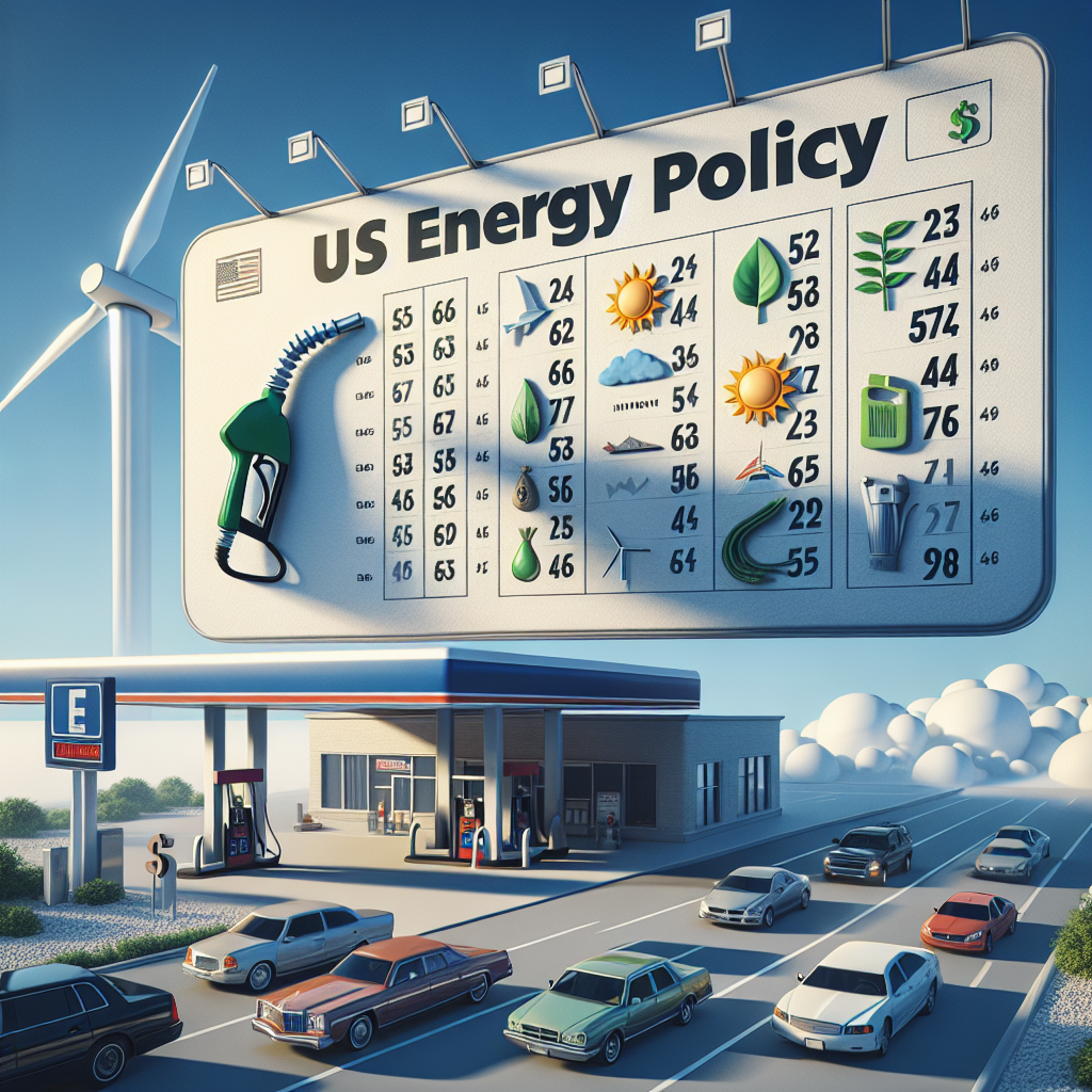 An illustrative depiction of a large gasoline price billboard hanging against a clear blue sky, with numbers indicating the prices rising steeply. Nearby is a gas station with a line of diverse cars waiting. A large, symbolic energy policy document with 'US Energy Policy' written on it casts a long shadow over this scene. The document is embedded with various sustainable energy icons - sun for solar power, wind turbine for wind energy, a leaf for bioenergy - highlighting the need for change in energy policies.