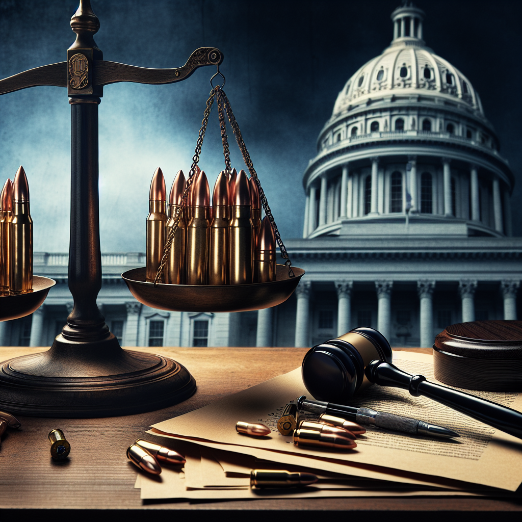 In this detailed image, we see a balanced scales of justice on a wooden table with a dark, classical looking gavel resting next to it. On one scale pan, there are multiple bullets and on the other, a pile of papers labeled 'Federal Gun Control Measures'. The background shows a majestic federal-style building representing the seat of legislative power. This is intended to symbolically represent the issue of gun violence and the necessary measures to control it. Tints of blue and gold color the image, lending it a serious and somber tone.