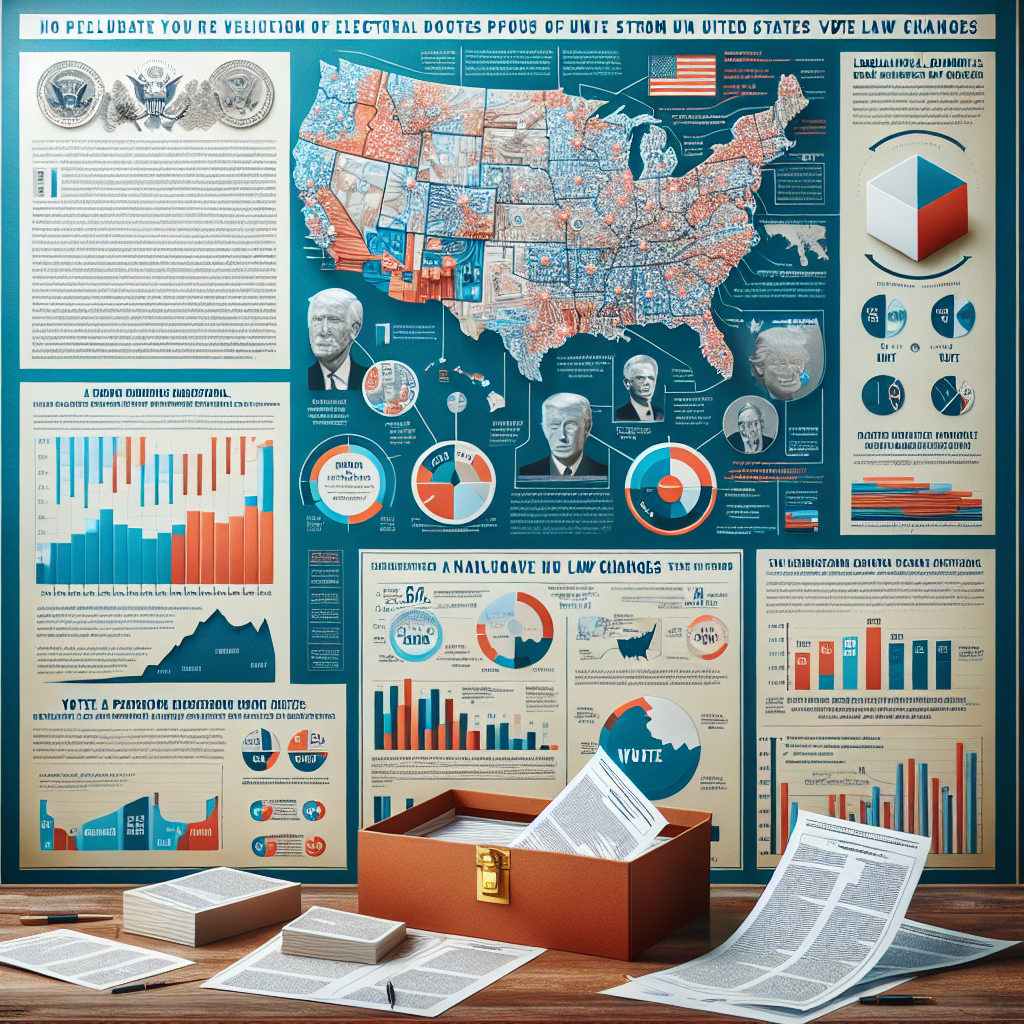 A visual representation of a detailed infographic relating to United States' voting law changes. Place emphasis on various legislative documents, maps showing the geographical pattern of changes, and data charts indicating voter distribution. Incorporate a focus on pivotal events from recent US elections to provide a narrative. With a view of a ballot box in the foreground abstractly representing the evolution of law changes. Make sure the overall image give a sense of scrutiny, analysis, and sober reflection regarding the electoral process, but does not contain any images of politicians or public figures.