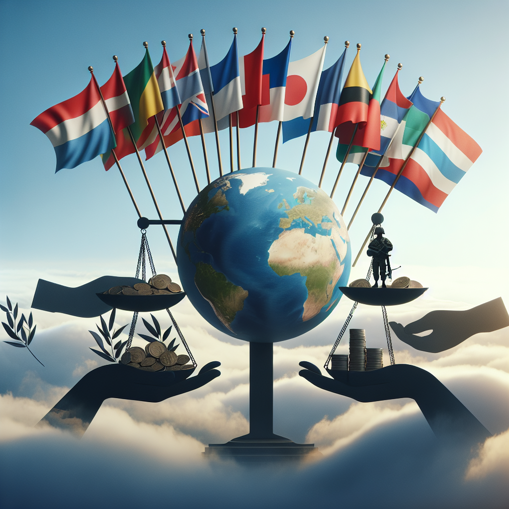 Visualize a symbolic representation of global security, focusing on the concept of military aid. Present various national flags fluttering together in unity against a clear blue sky. Insert the silhouette of helping hands as a symbol of aid, intertwining just below the flags. Then, visualize a globe resting peacefully in the back against a cloudy backdrop, with some olive branches adorning its perimeter as a symbol of peace. Lastly, depict a balanced scale, carrying stacks of coins and a toy soldier on it, symbolizing decision making regarding military funding. Use neutral tones ensuring that the image carries no bias or political agenda.
