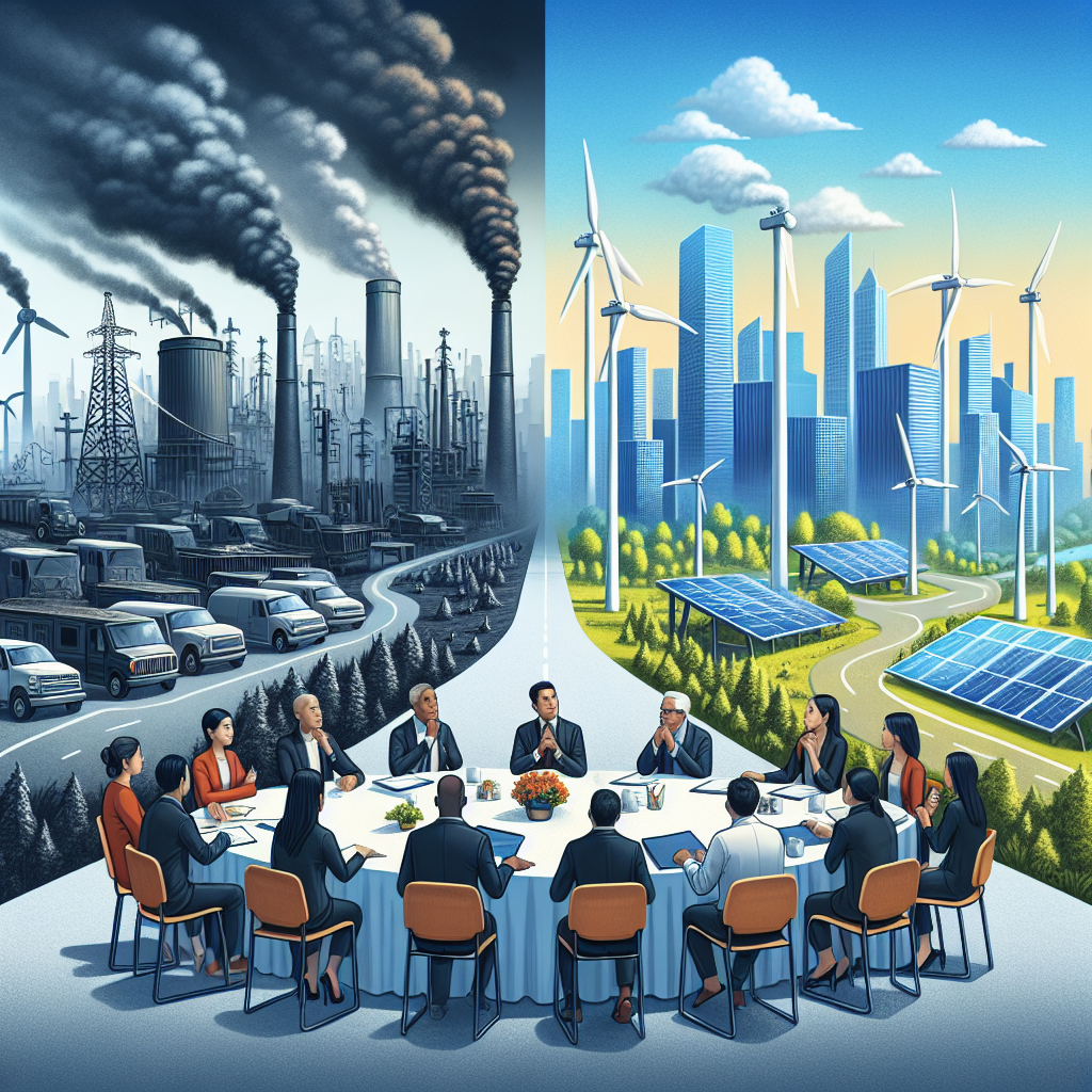 An illustration of a city skyline dramatically transitioning from a smog-filled landscape being powered by oil drills and coal plants to a bright and clear view with towering wind turbines and solar panels. On one side, the city is under an overcast sky with factories emitting smoke, and on the other side, it's under a bright blue sky with renewable sources of energy. In the front, a group of people with diverse genders and ethnicities, possibly Caucasian, Hispanic, Black, Middle-Eastern and South Asian, is engaged in a thoughtful discussion around a round table set with documents marked 'Climate Change Legislation'.