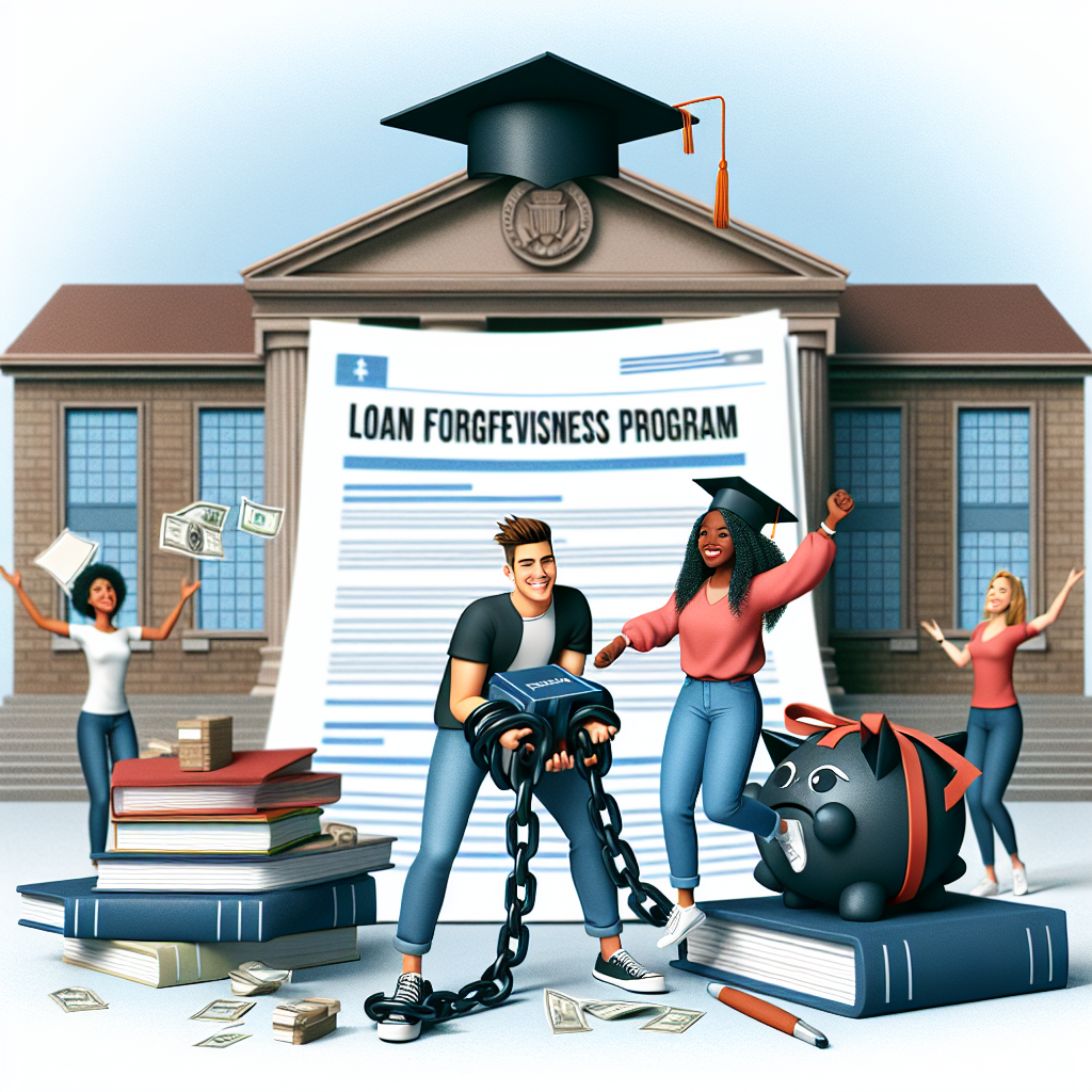 A visual depiction of student loan forgiveness programs, where students of various descents are feeling relieved and joyful. Show a Caucasian male and a Black female student holding symbolic representations of their loans portrayed as heavy chains being broken, symbolizing the ease brought by repayment updates. Also include a pile of textbooks and a graduation cap to indicate the academic context. The background consists of a classic university building, symbolizing the educational institution. In the foreground, render a document entitled 'Loan Forgiveness Program', symbolizing the existence of such programs. The overall tone of the image should be hopeful and relieving.
