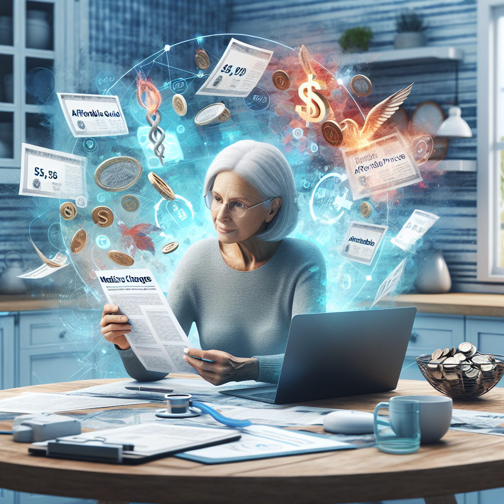 A visual depiction of the concept of Medicare changes. This could include a Caucasian woman in her 60s, sitting at a kitchen table with papers spread out before her. She appears relieved as glimpses of various medical symbols and affordable price tags emerge from the papers, representing her understanding of the changes to Medicare. Also present on the table, an open laptop displaying a webpage titled 'Effortless Guide to Affordable Healthcare Costs'. A unique blend of realistic and abstract elements to convey the process of navigating healthcare changes.