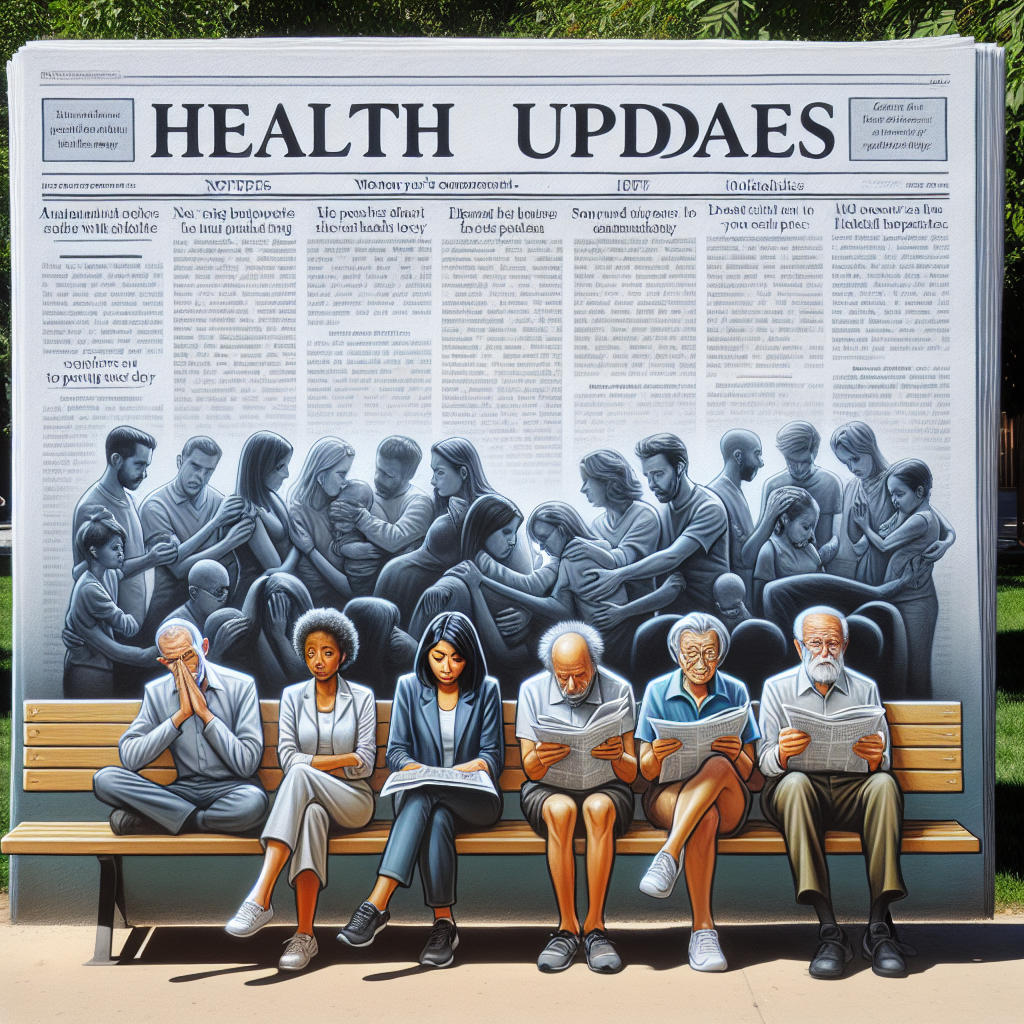 Depiction of a generic, nondescript group of people of various races and ages, expressing empathy and sorrow with a backdrop of a newspaper headline about health updates and obituaries. It should capture the mood of reflecting on the impermanence of life and the shared human experience of dealing with health issues and the inevitability of death. It's a sunny day, the setting is a park, and the newspaper stands on a bench with people discussing around it.