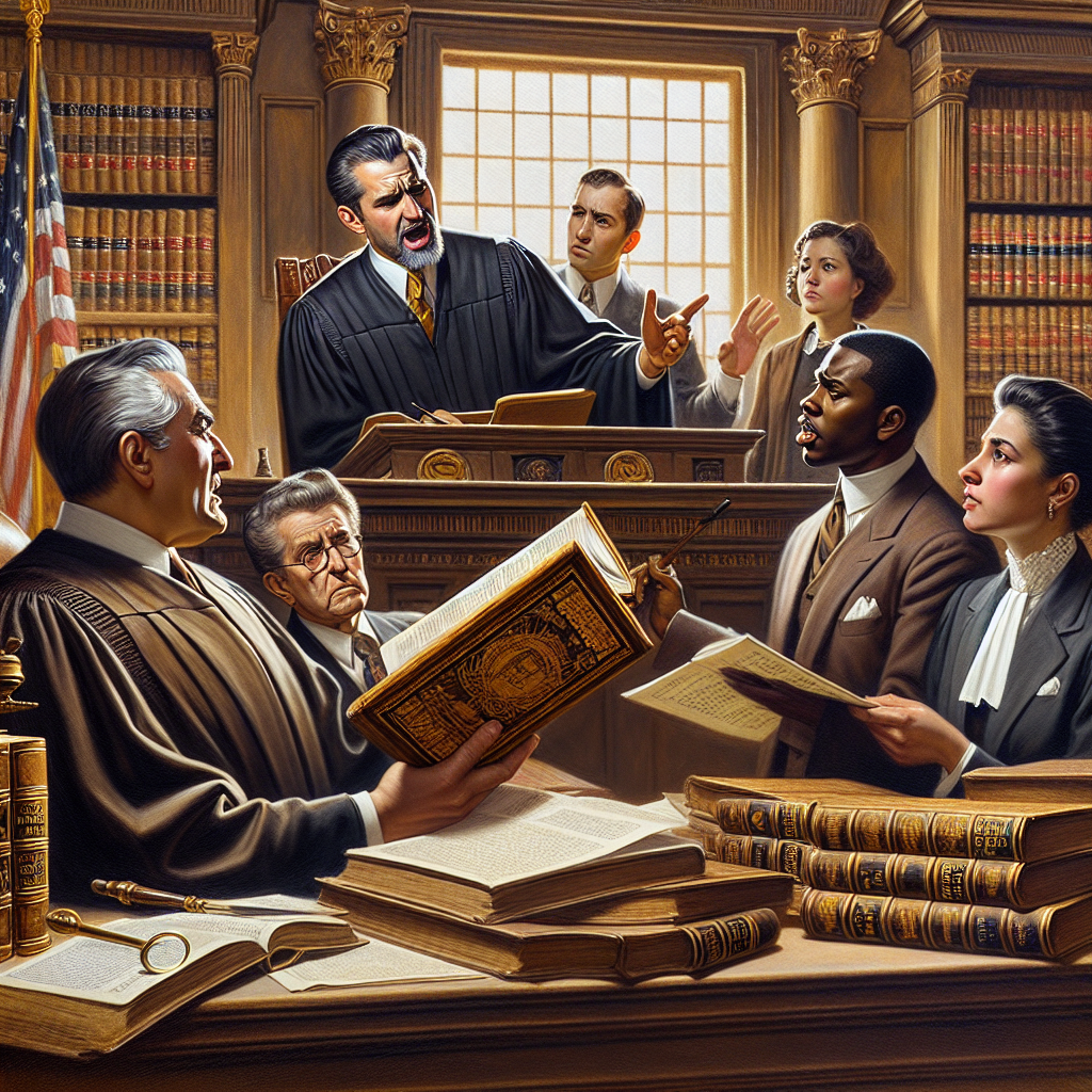 A detailed depiction of an antique courtroom with a judge, two attorneys, and a client. The judge, a Middle-Eastern woman, is attentively reading a thick law book with gold edges. One attorney, a Caucasian man, is passionately addressing the court, holding papers that depict Supreme Court rulings. His client, a Black woman, watches him speak with a hopeful expression. The other attorney, a Hispanic woman, listens objectively while taking notes. The room is filled with legal books, a flag, a gavel, and other symbols of justice. The atmosphere is serious and respectful, emphasizing the weight of the court's decisions.