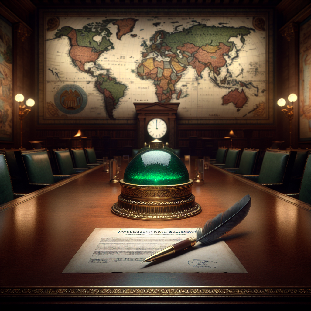 An image symbolizing the decision-making process of the Federal Reserve concerning interest rates. It can be a large, ornate wooden table in a grand meeting room, lit by an old-fashioned emerald banker's lamp, with a historical map of the USA on the wall behind. On the table, a piece of paper titled 'Interest Rate Decisions,' accompanied by a classical plume pen. On the wall, a clock showing a time indicating the heating of the debate. No human figures are needed as we focus on the objects and atmosphere signifying the great financial instrument of the Federal Reserve.