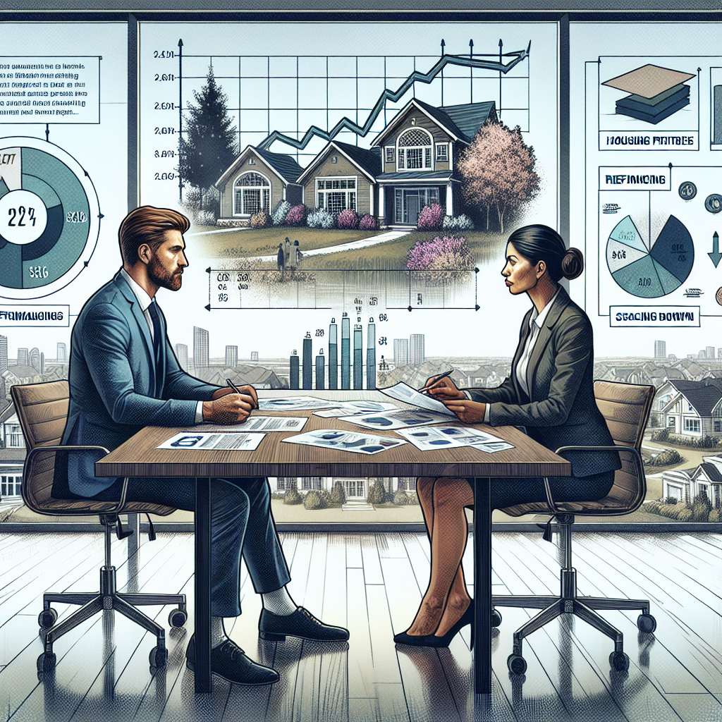 An illustrated scene of a Caucasian man and a Middle-Eastern woman, both in business suits, immersed in deep discussion over a large conference table sagging under the weight of financial documents. They stand before a panoramic window with views of a suburban neighborhood with 'For Sale' signs in many yards. Overlaid on this scene, a bubble chart shows the fluctuating mortgage rates, with a rising trend. We see a bar graph on another side showing housing prices over time. Infographics of diverse strategies such as refinancing, adjustable-rate mortgages, and scaling down are scattered around.