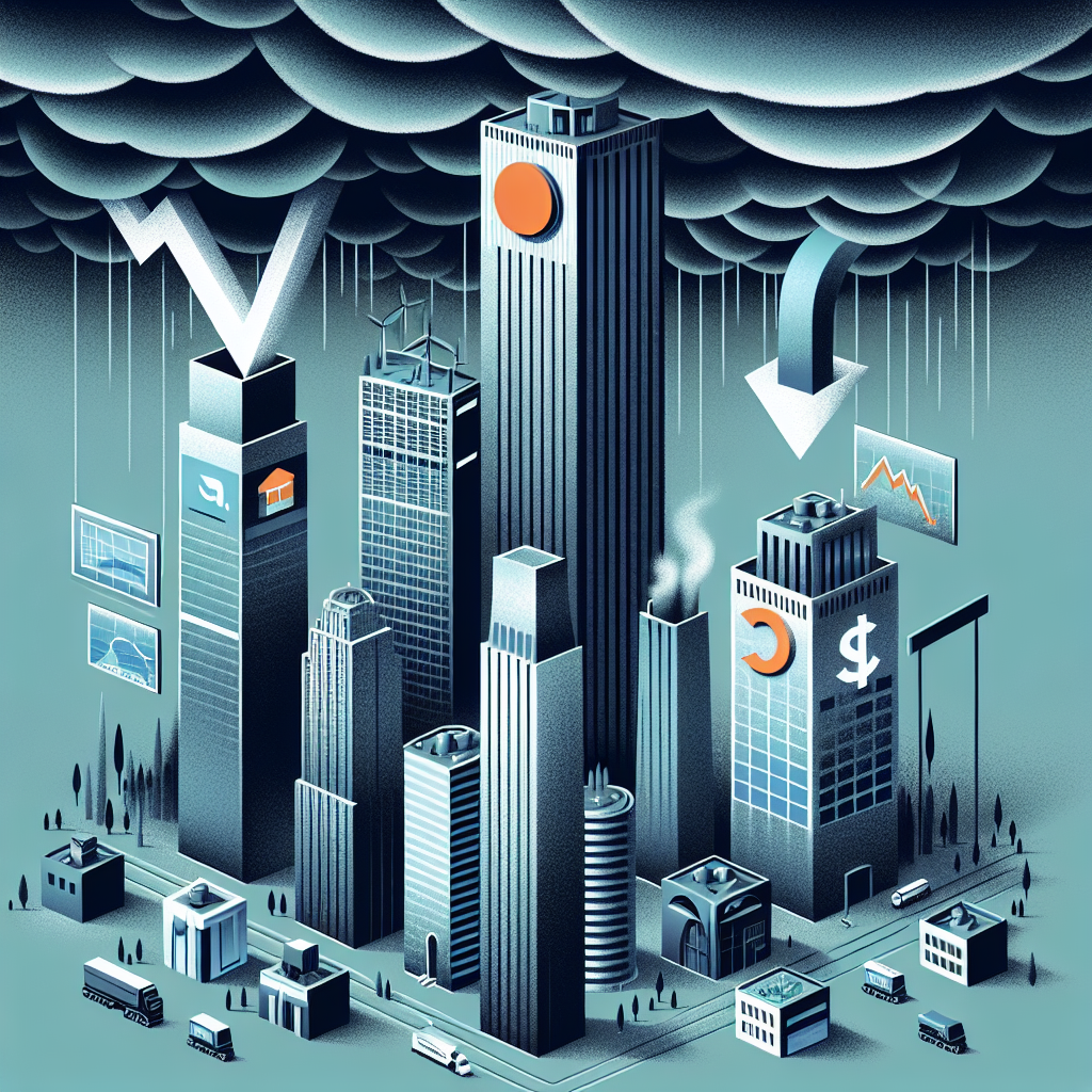 Illustration envisioning major tech companies like an online search engine giant, an e-commerce behemoth, a social networking titan, and a world-class electric vehicle manufacturer dealing with unforeseen challenges. These tech companies are imagined as towering skyscrapers with a stormy backdrop, symbols of market volatility such as downward arrows and charts appearing around them. Nearby, smaller buildings represent employees, some are slightly shaded and dull to depict job losses. All these elements are portrayed in a modern, minimalist style.