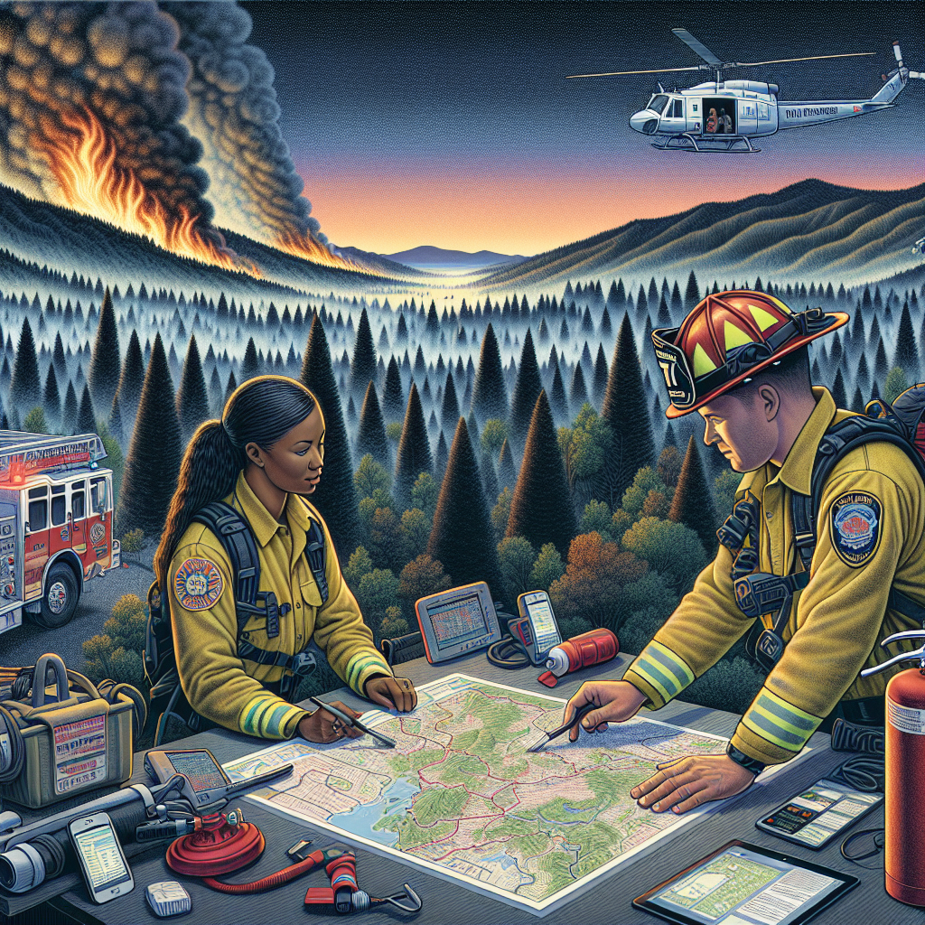 A detailed, full-color image illustrating a comprehensive wildfire emergency response guide. The image should show a textured landscape of forest under the dusk sky, with a controlled fire in the background to signify the danger of wildfires. Upfront, there should be an African Descent woman and a South Asian Descent man, both dressed in firefighter gear, discussing over an open map that displays evacuation routes and safety zones. They are surrounded by emergency response equipment such as fire extinguisher, fire truck, and communication devices. In the sky above, there should be a helicopter watering the fire.