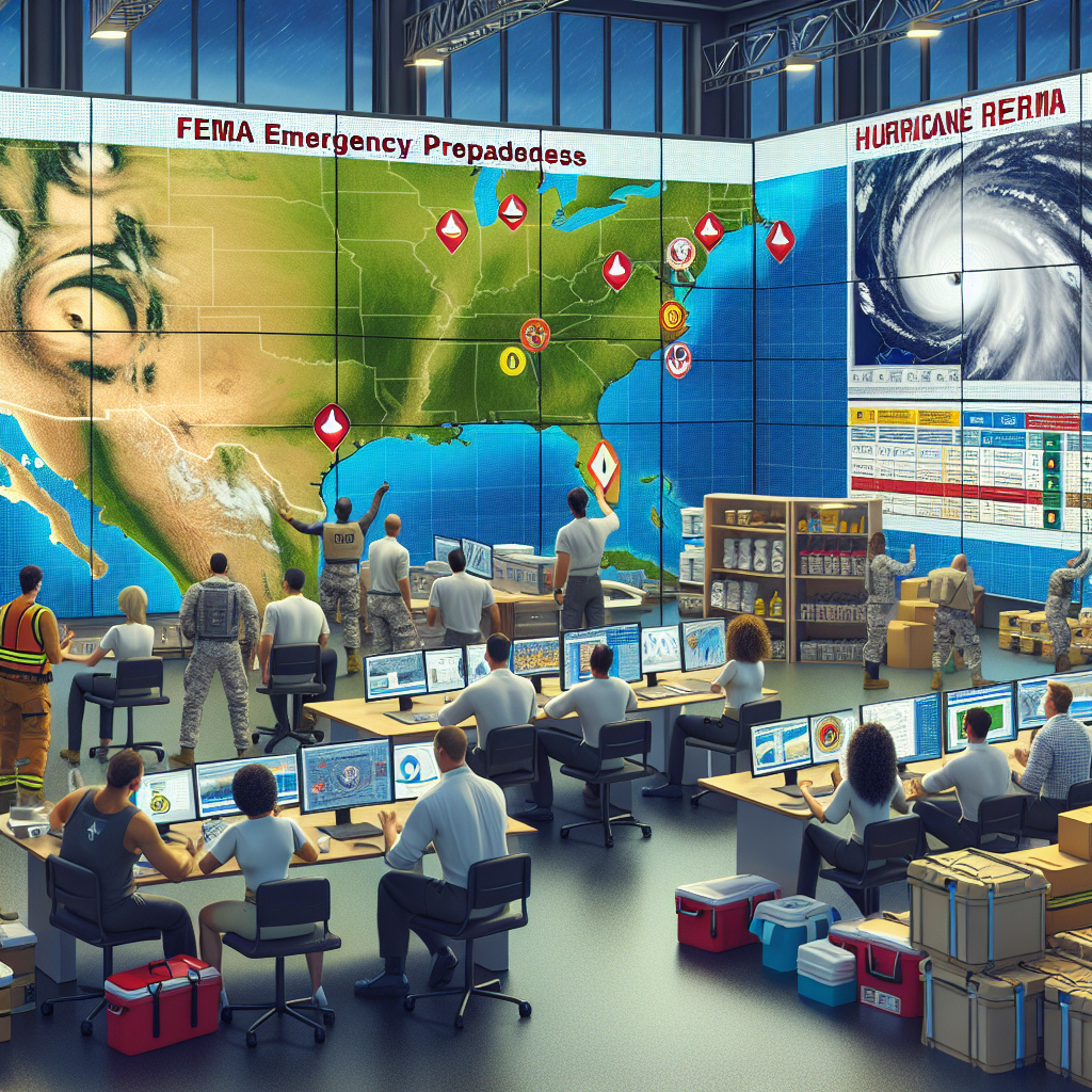 Depict an image that illustrates FEMA Emergency Preparedness for the hurricane season. Show a group of mixed racial emergency workers including Caucasian, Hispanic, and Black individuals, both men and women who are reviewing large maps that indicate forecasted storm paths and zones. Also, include a large digital screen showing a real-time hurricane warning. In the background, show stacks of emergency supplies such as water, food, and medical kits. Generate a sense of urgency but also readiness and professionalism in the scene.