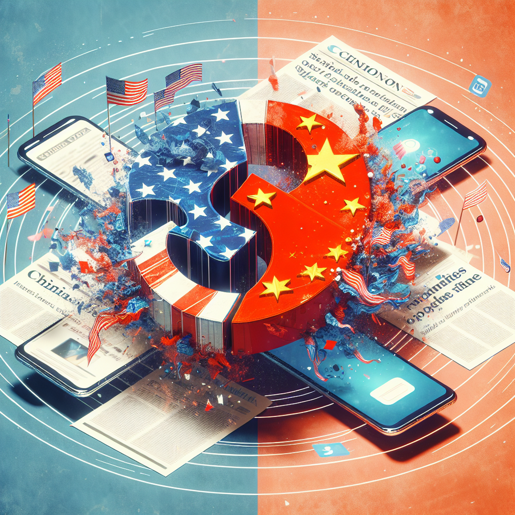 Depict the abstract concept of a digital tug-of-war between two abstract flag-bearing entities, one representing the United States with stars and stripes, and the other representing China with red and stars. Nestled between them, visualise a smartphone application symbol representing social media, capturing the essence of the conversation around technological tensions. Newspaper headlines spinning around that stress the 'escalation', 'impact', and 'debate' words reflecting the hot topic. Please ensure this image respects all national symbols and maintains neutrality.