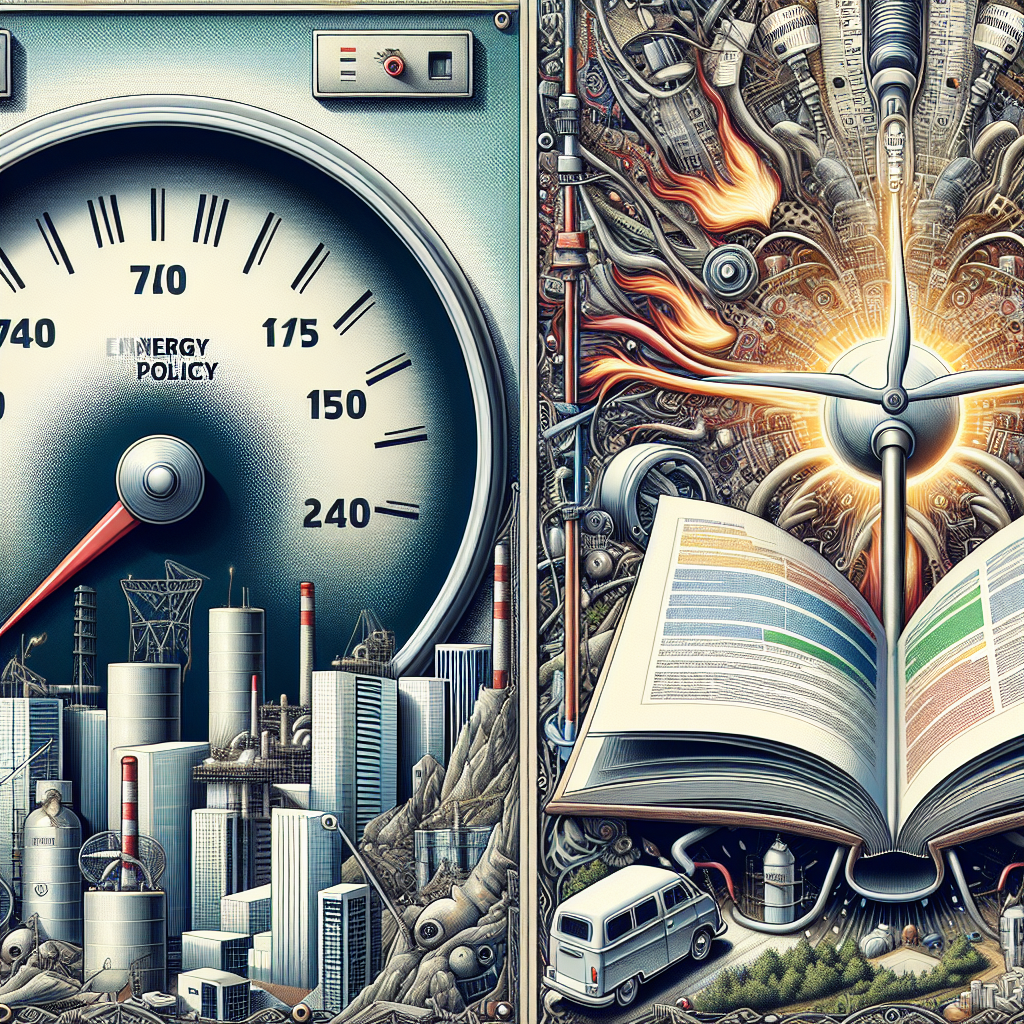 An intricate depiction of the topic of rising gas prices and energy policies. A large gauge with the needle surging forward towards high marks on the scale, symbolizing the rise in gas prices. On the other side of the artwork, show a detailed book labelled 'Energy Policy', its pages fluttering open to reveal highlighted strategies and formulas for cost-efficiency. The background should be a mix of city skyline and natural landscapes, reflecting the balance between urban demand and natural resources. Throw in some renewable energy icons like wind turbines and solar panels to complete the picture.
