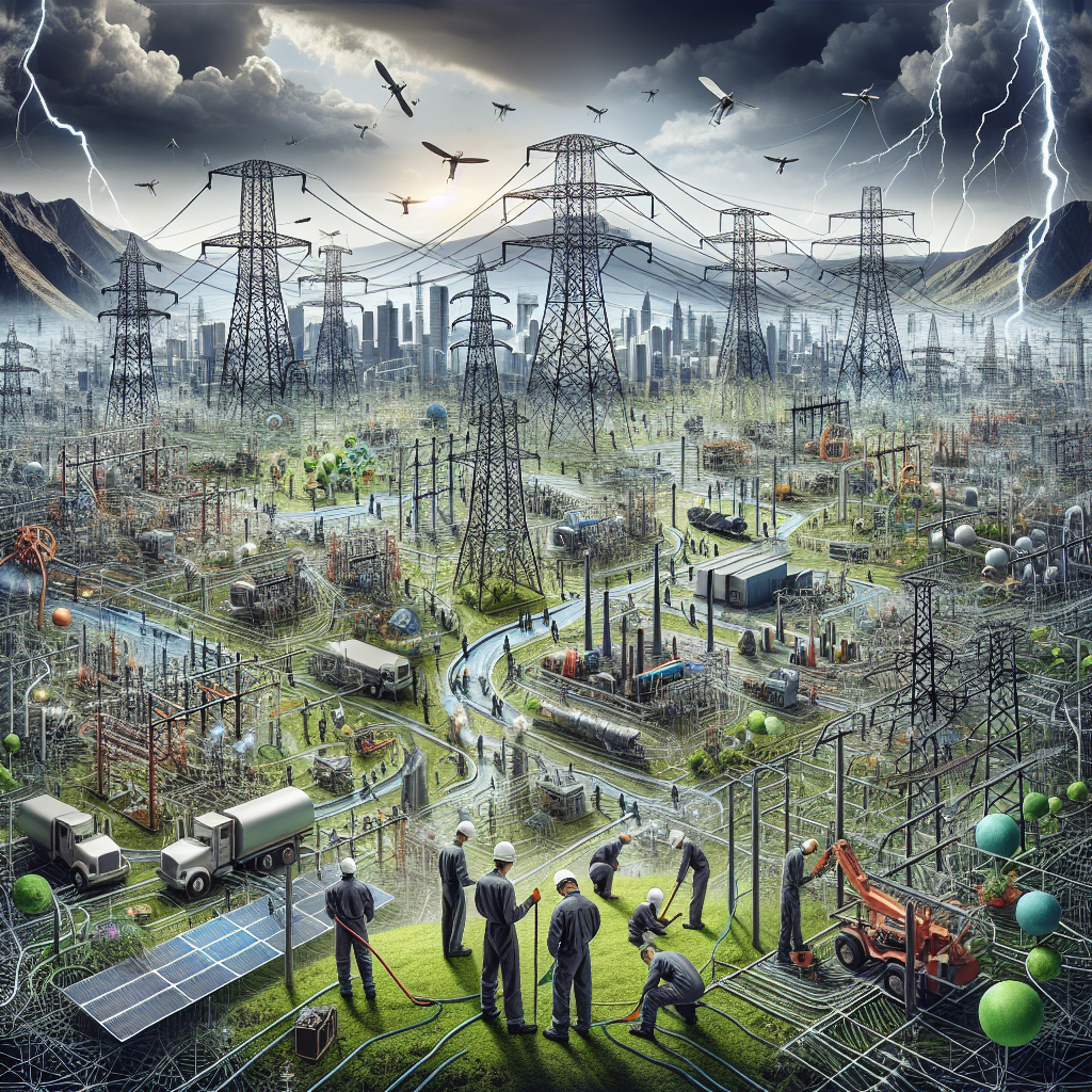 An intricate network of electricity poles, transmission towers, and power lines, representing a national power grid, sprawling across a diverse topography: urban skylines, rural landscapes, and craggy mountain ranges shown in daylight. In the center, technicians of diverse genders and descents are working tirelessly on maintenance tasks, signaling prevention efforts. Green energy sources, like windmills and solar panels, are interspersed amongst the grid, symbolizing sustainable energy solutions. In the background, ominous storm clouds foreshadow the risk of potential grid failure.
