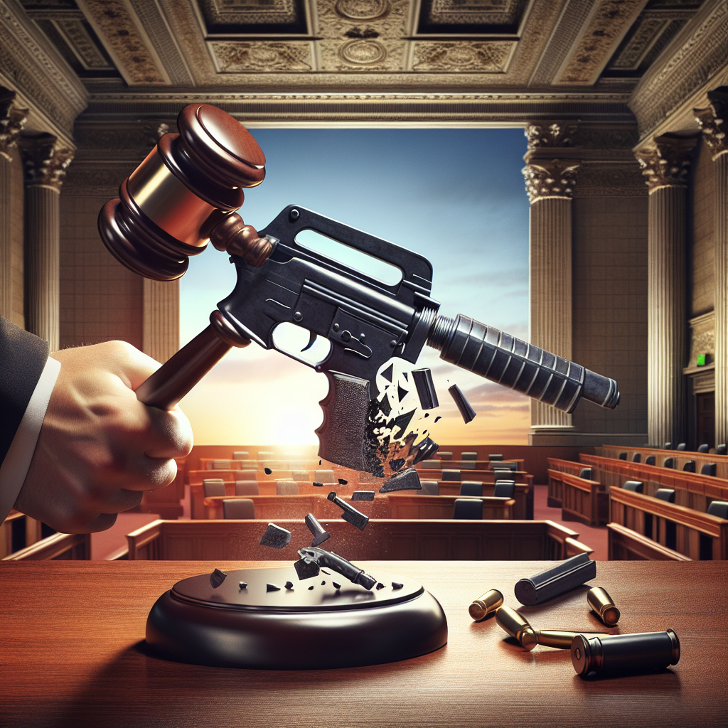 An image illustrating the concept of Federal Gun Control Legislation, extrapolated to address the issue of gun violence. Picture a large, gavel held by an anonymous magistrate, crashing down onto a sleek, possibly a little exaggerated, representation of a firearm. Fragments of the shattered firearm fly in different directions, symbolically relinquishing their once harmful potential. The background is a stately courtroom, its intricate details crafted to set a serious and respectful tone. On the horizon, a sunrise indicates a new dawn, optimistic, implying a hopeful future where the addressed issue might be more controlled.