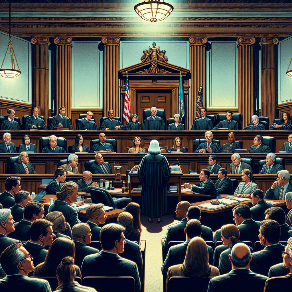 An intricate and tense courtroom scene centred around a high-profile criminal trial in the United States, depicting the anticipatory moment just before a verdict is revealed. A range of characters are present, including a White female judge sternly presiding over the proceedings and a mixed-gender, multiethnic jury evidencing an array of intense emotions. Lawyers of varying descents present their closing arguments, while anxious courtroom observers, diverse in both gender and race, wait with bated breath. The traditional architecture of the courtroom and symbols of justice, such as Lady Justice's scales, are significant elements. Please eschew any images pertaining to real individuals or cases.