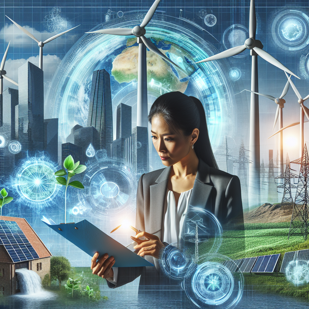 A detailed image capturing the concept of clean energy investments for sustainable growth. In the foreground, there's a businesswoman, of South Asian descent, scrutinizing a holographic display of wind turbines, solar panels, and hydroelectric dams, symbolizing the different forms of clean energy. She is holding a document titled 'Investment Strategies'. In the background, skyscrapers are powered by these alternative energy sources, with green plants growing on each layer, all under a bright blue sky, indicating a sustainable future. Each element conveys the necessity and effectiveness of investing in renewable energy sources.