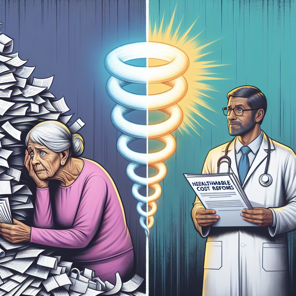 An abstract concept image representing changes in the Medicare system. The left half of the image shows an elderly Caucasian woman anxiously looking at piles of paperwork and bills. On the right half, a Hispanic doctor is holding a bright, radiant, simplistically designed document titled 'Affordable Healthcare Cost Reforms'. The middle part depicts a transformation symbolizing the shift from complex and costly system to a more affordable and streamlined one. Use soothing colors to imply positive changes.