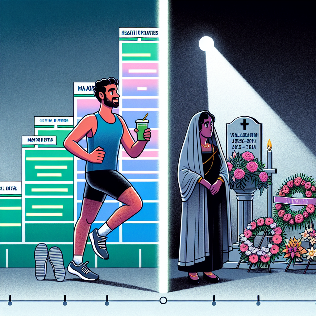 An image depicting the concept of celebrity milestones without identifying specific individuals. One half of the image represents health updates, symbolised by a celebrity figure jogging and drinking a green smoothie. The figure is a Caucasian male with a positive and determined expression. The other half of the image represents major deaths, symbolised by a memorial stand with flowers and a dimmed spotlight. There is a South Asian female figure in mourning attire with a solemn expression. Both halves are separated by a timeline with important dates highlighted.