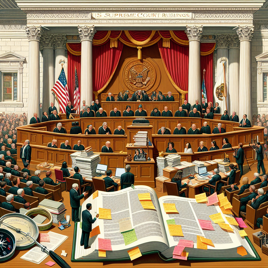 A depiction of a grand courtroom, complete with a large bench for the judges, an advocate standing at the podium, a stenographer busily capturing the conversation, and a gallery of diverse observers. A giant book titled 'US Supreme Court Rulings' lays open in the foreground, showcasing numerous bookmarks and sticky notes protruding from its pages, indicating a careful study of recent decisions. On a side table, a compass and a pair of glasses, symbolizing navigation and scrutiny. Avoid representing any specific court cases or individuals.