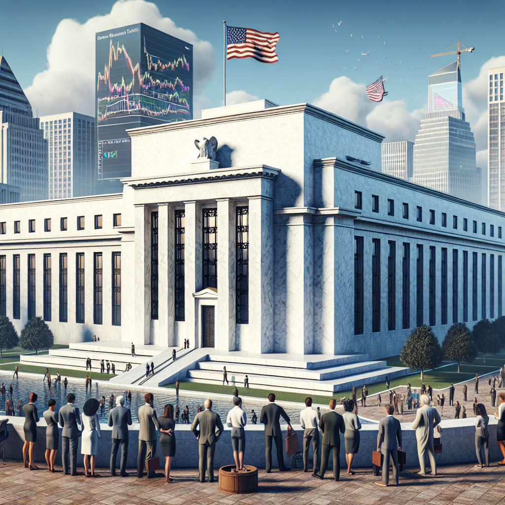 An image of a large, traditional office building representing the Federal Reserve nestled within a bustling cityscape. The building stands tall, exuding authority, with an American flag fluttering proudly in the front. A massive banner hangs on the building, featuring the words 'Game-Changing Inflation Strategy'. Below, people of multiple descents (such as Caucasian, Hispanic, Black, Middle-Eastern and South Asian) and genders are congregated, some observing the building with interest, others studying documents and screens displaying financial graphs and indicators, symbolizing the anticipation and analysis this big announcement has sparked.