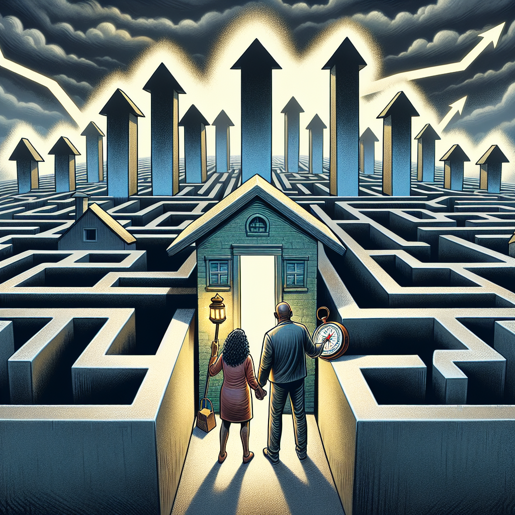 An illustrative depiction of the US housing market crisis showing a complex labyrinth with walls shaped as tall buildings. At the entrance, an anxious couple of diverse descent; a Middle Eastern man and a Black woman, holding a lantern shaped like a house and a compass respectively, stand ready to navigate. Rising around this labyrinth are sharp, towering bar-graphs symbolizing increasing mortgage rates. The surrounding atmosphere is daunting, the sky overhead filled with dark clouds, emphasizing the challenging journey ahead due to the crisis.