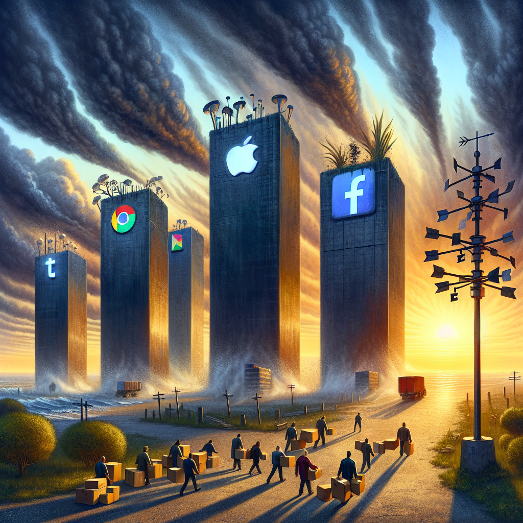 A symbolic scenery representing economic turmoil. At sunrise, four towering structures, each symbolic of a tech giant, are standing firm against a stormy sky. The structures should not resemble any real buildings or logos but generally evoke the fields these companies are associated with; search engine, e-commerce, social media, and electric vehicles. A group of workers, a mix of male and female of various descents, are leaving the structures of their own accord with packed up boxes. Nearby, a weather vane is dramatically reacting to the gusty winds, symbolizing the changing times in the tech industry.