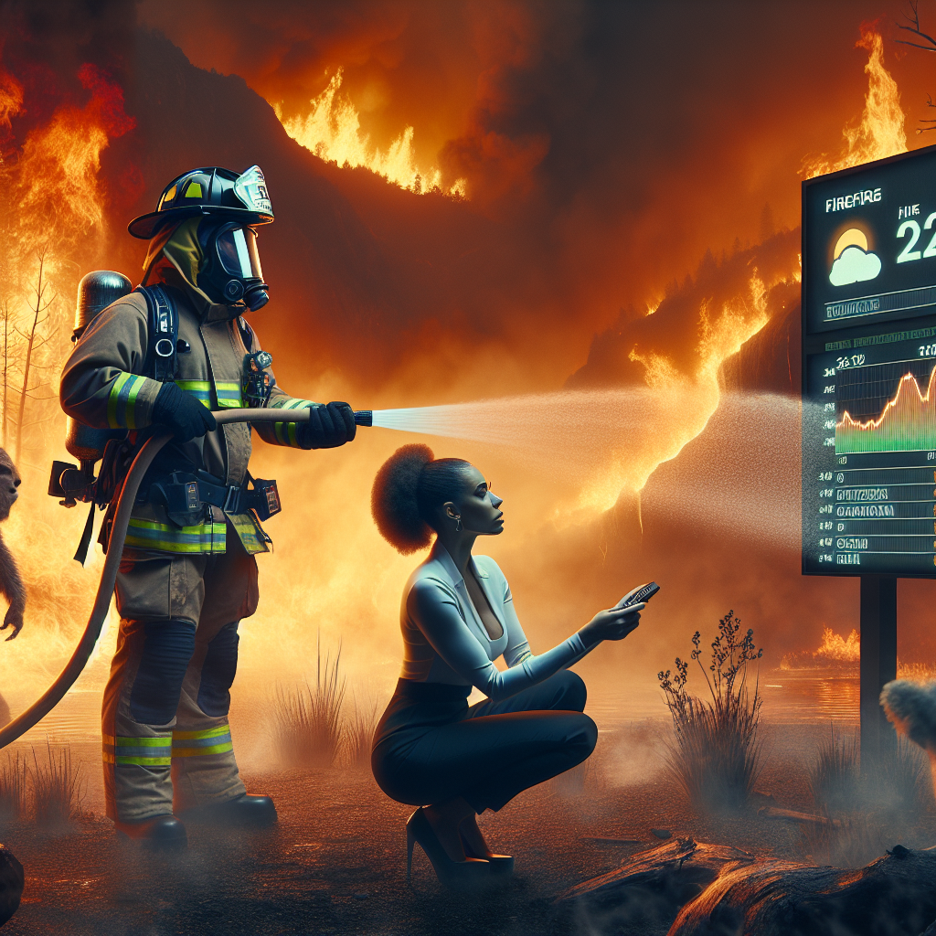 An intense scene demonstrating the severity of wildfires and extreme heatwaves. In the forefront, a firefighter of Hispanic descendent, geared in full fireproof attire, trying to douse the licking flames of a forest fire, while behind him a Black female meteorologist forecasts the weather on a digital panel showing rising temperatures. The background teems with dense smoke and an ominous red-orange glow. On the side, there's an infographic listing essential tips to deal with such emergencies, like drinking ample water, having an evacuation plan, and keeping heat-protective clothing handy.