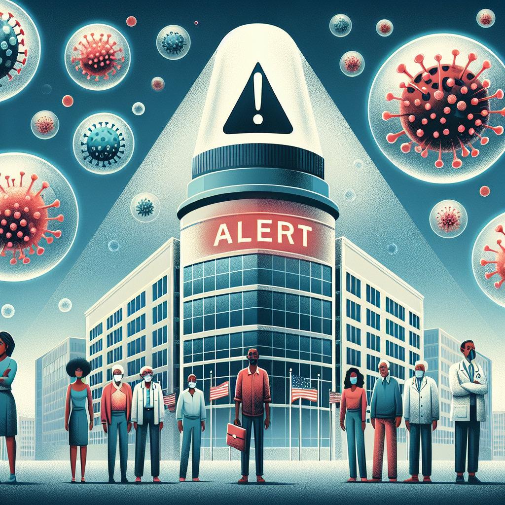 Create a detailed illustration representing the urgency of a health advisory. The focus should be the Centers for Disease Control and Prevention building with a giant, glowing alert signal hovering above it. Include particles around signifying viral variants, presented as globular structures with spikes. In the background, depict diverse citizens—Black woman, Hispanic man, Caucasian elderly couple—wearing masks and maintaining social distance, portraying their active involvement in the situation. The overall tone should set a serious mood and emphasize the importance of public health precautions.