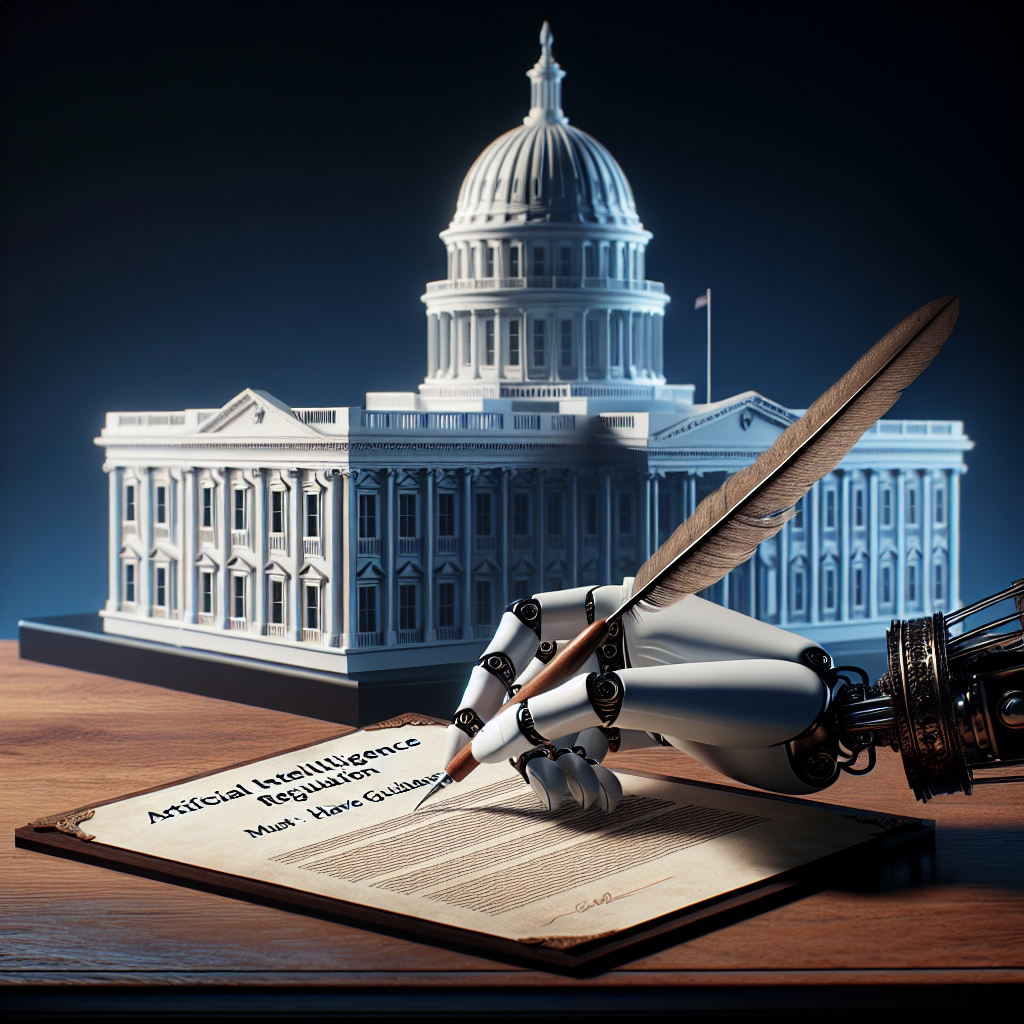 A conceptual depiction of an official document titled 'Artificial Intelligence Regulation: Must-Have Guidelines,' positioned atop an oak desk. Behind the document, the silhouette of an elegant neoclassical building suggesting a government structure, obliquely referencing the White House. The foreground should display a futuristic AI robotic hand, delicately drawing up the document with a vintage quill. The contrast between the old and the new, the organic and the mechanical, reflecting the complexity of managing AI within traditional governmental frameworks.