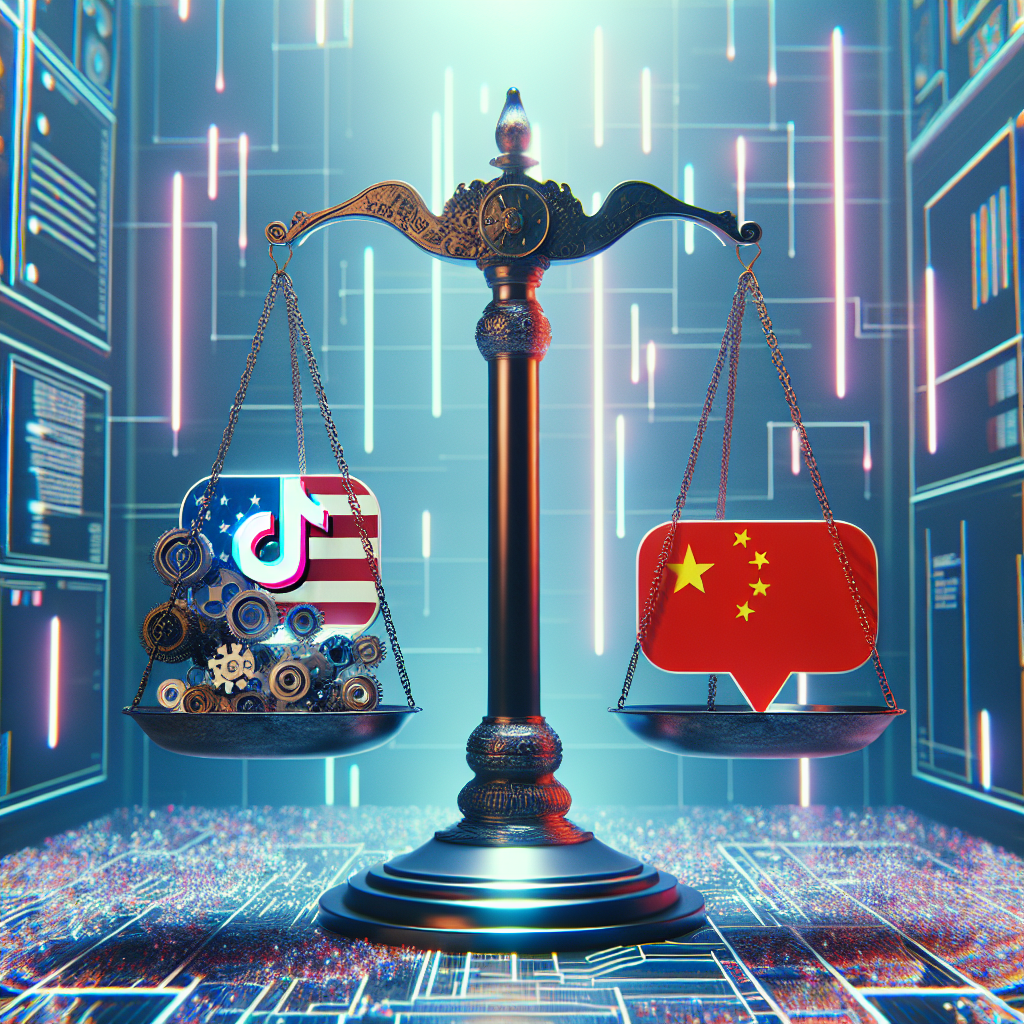 Envision an illustrative metaphor for the TikTok ban debate. This may include a large balance scale set against the backdrop of a digital world. On one side of the scale, place symbolic representation of technology (like gears and circuits), and on the other side, lay down symbols of freedom of speech (such as an ink pen or a talking bubble). Above the scale, depict the flags of United States and China, with their respective colors subtly infusing the scene. To signify the tension,create an atmosphere of charged particles or sparks. Each element should be executed in a glossy, 3D render.