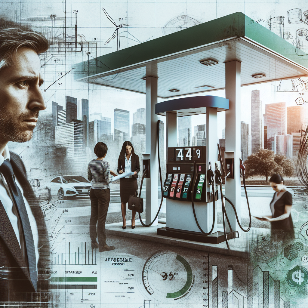 A detailed image of a US gas station with the price board showing fluctuating prices. Next to the station, a concerned middle-aged Caucasian male driver is looking at the prices. The background encompasses cityscape with tall buildings signifying urban setting. In the foreground, a group of diverse individuals - a Hispanic female engineer with blueprints, a South Asian male economist with charts and graphs, and a Black female politician are engaged in deep discussion. They are brainstorming on a large whiteboard filled with notes about 'Affordable Strategies' and 'Energy Policy Changes'. A green overlay of renewable energy symbols, such as wind turbines and solar panels, is evident.