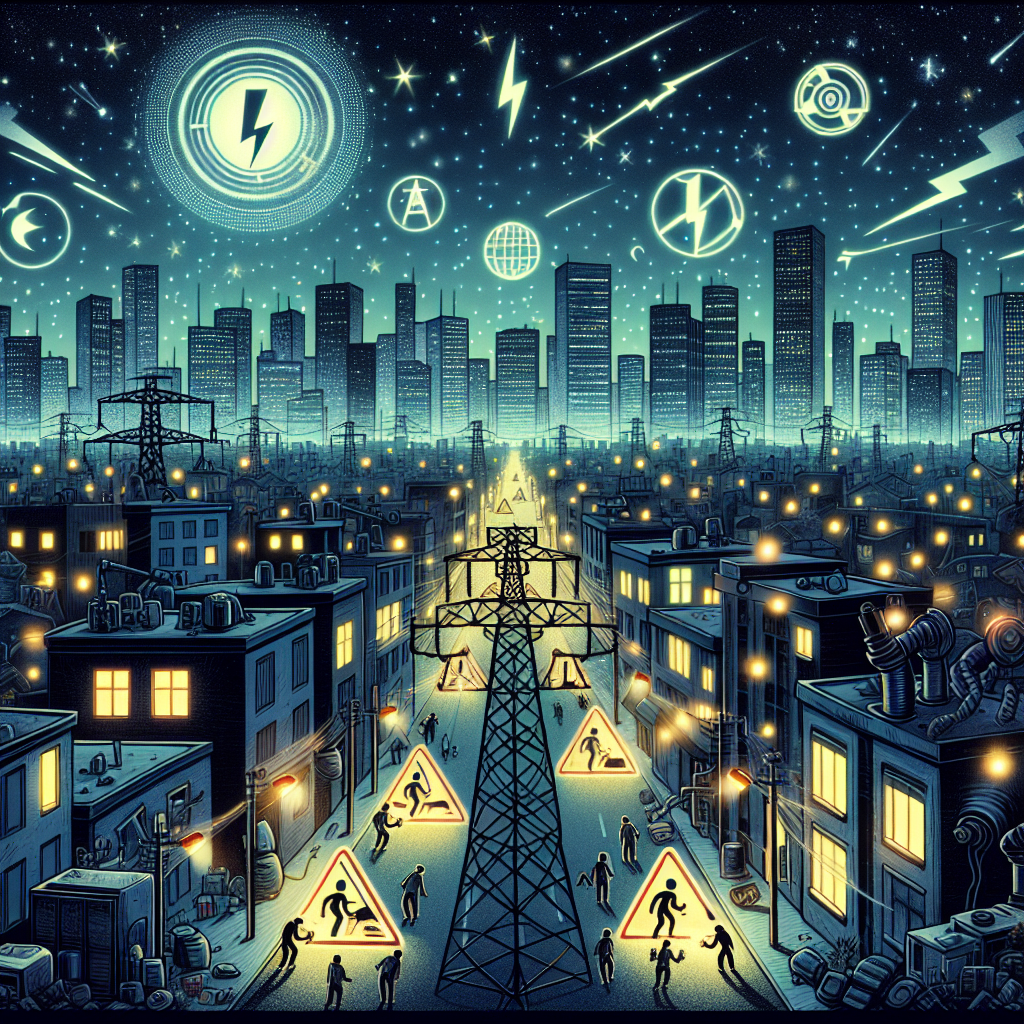 An illustrative image depicting the scenario of a countrywide power outage. Nighttime scene with cityscape where normally glowing buildings and streets are in complete darkness. The sky should be full of stars, emphasizing the lack of artificial light. Faint, panic-stricken figures can be seen using flashlights to navigate. On the side, a large flashing hazard symbol expressing the danger of grid failure, and beneath it, embossed words 'Grid Failure Risks'. Towards the side, show various electrical infrastructure like power lines and transformers, all devoid of their usual humming energy.