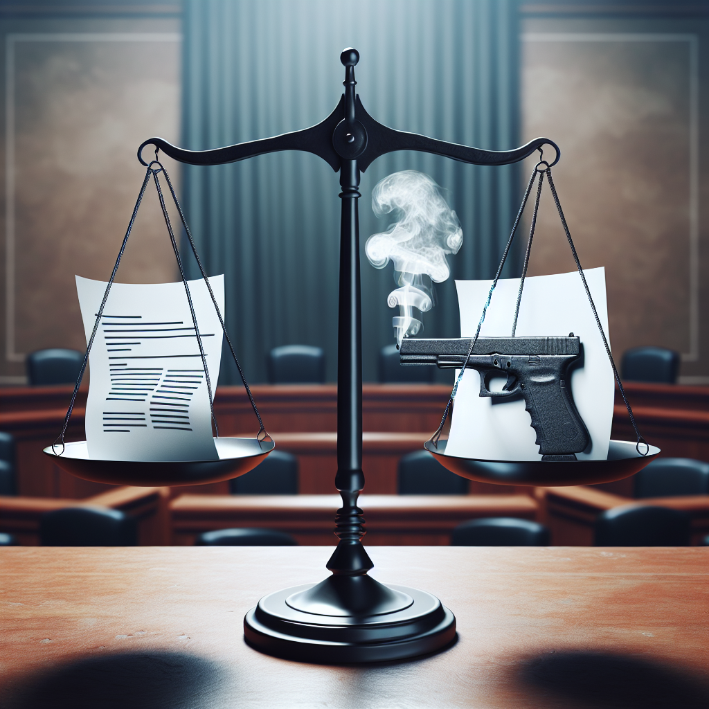 An abstract visualization of gun control legislation. The image shows a balance scale with weights on both sides. On one side of the scale, a sheet of paper represents the proposed legislation. On the other side, a symbolic gun made of smoke suggesting gun violence reduction. The background is a courtroom imagery, representing the legal aspect. This symbolic image aims to spark a conversation about how gun control laws can help reduce violence.