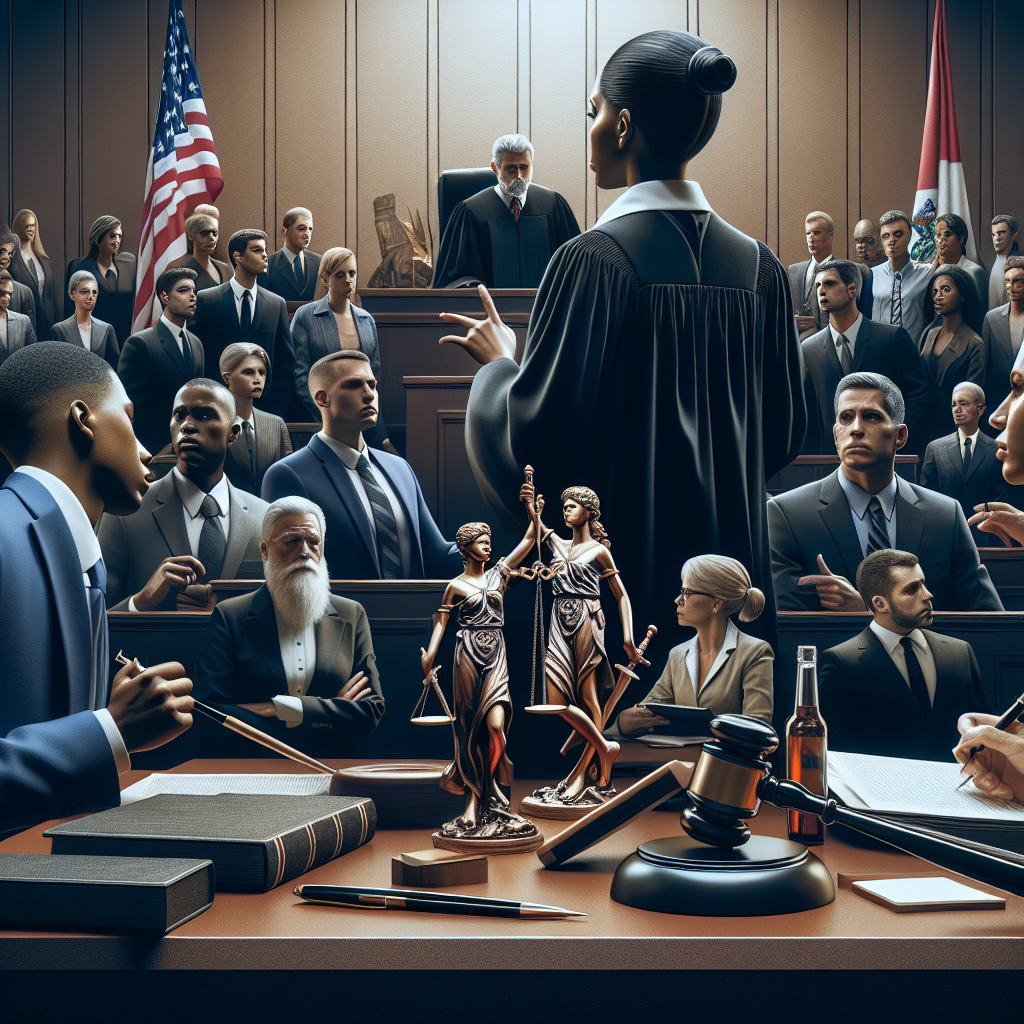 A balanced image representing high-profile criminal trials in the United States. It should include a detailed courtroom scene with a diverse range of professionals working on the case such as a Black female judge with her gavel, a Caucasian male prosecutor presenting evidence and a Hispanic female defense attorney consulting with her client. In the background, portray the tension with the jury reviewing evidence, a mixed audience in anticipation, a wooden judge's bench, the American flag and the symbol of scales of justice. Do not include any identifiable individuals or specific trials.