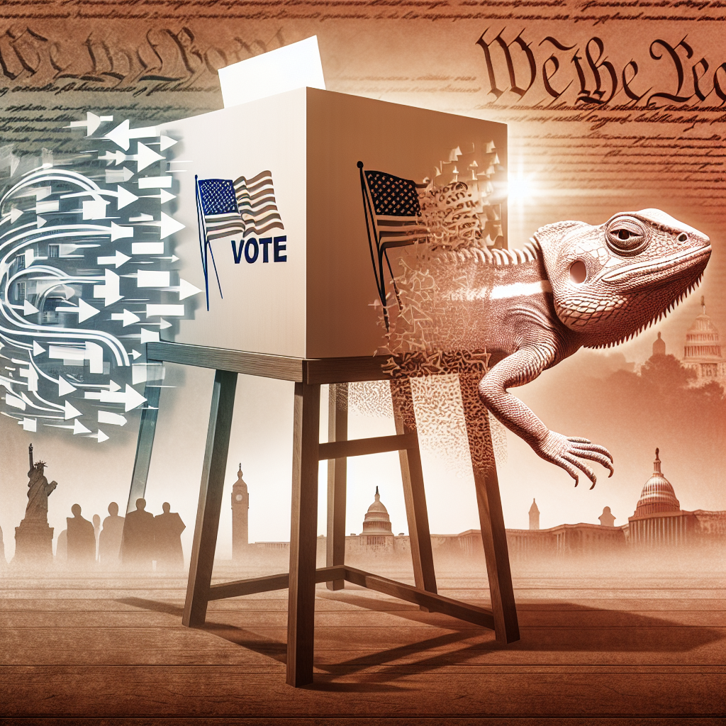A detailed representation of a Voting Booth with a ballot sheet prominently displayed. Conceptually blend the booth with symbols representing change, such as morphing arrows or a chameleon shedding its skin. Layer the background with symbols of the US democratic system, including a stylized image of the Constitution, the Capitol building, and the Statue of Liberty, fading into the distance. Suggest the aftermath of an election by depicting the sunrise on a horizon, symbolizing a new day. Avoid including any real individuals or their specific likenesses.