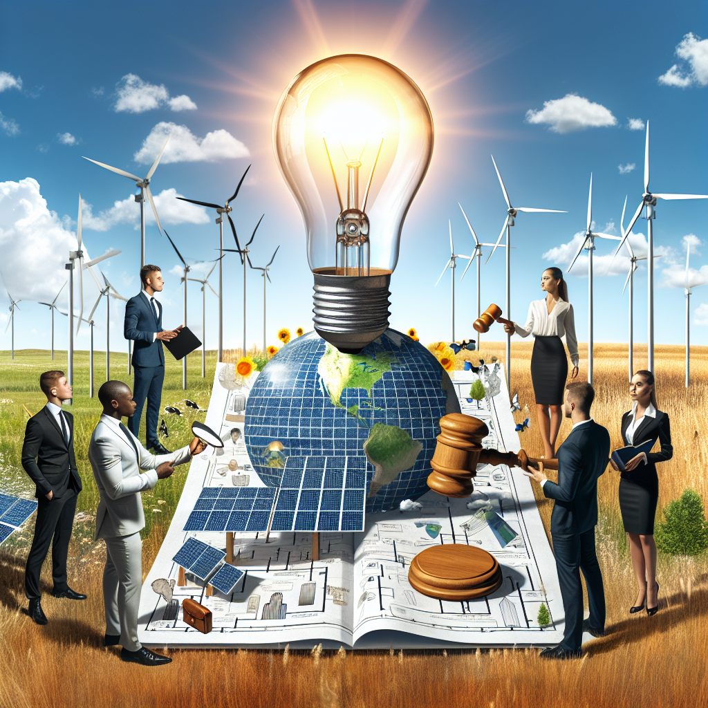 A scene of a sunny landscape dotted with wind turbines and solar panels beneath a clear blue sky. A lightbulb, symbolizing idea or innovation, is glowing brightly above a blueprint displaying the sustainable energy plan. An array of different hands, representing Caucasian, Black, Hispanic, Middle-Eastern, and South Asian descent, hold the blueprint, showcasing the importance of global cooperation. A slim female figure is pointing towards the blueprint, indicating investment strategies, while a robust male figure next to her holds a gavel, representing the legislation aspect. They both look determined, emphasizing the importance and urgency of the matter.