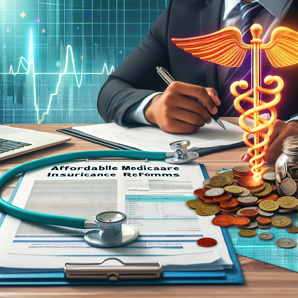 Conceptual image depicting affordable Medicare changes in the form of insurance reforms. Include a symbolic representation of healthcare, such as a stethoscope or a caduceus emblem. Add in a collection of coins to symbolize affordability, and a document filled with policies and reforms. The setting should be an office environment with a South Asian female health policy analyst looking at the document, while a Middle Eastern male healthcare provider nearby consults on a laptop. Make sure the colors are vibrant yet professional.