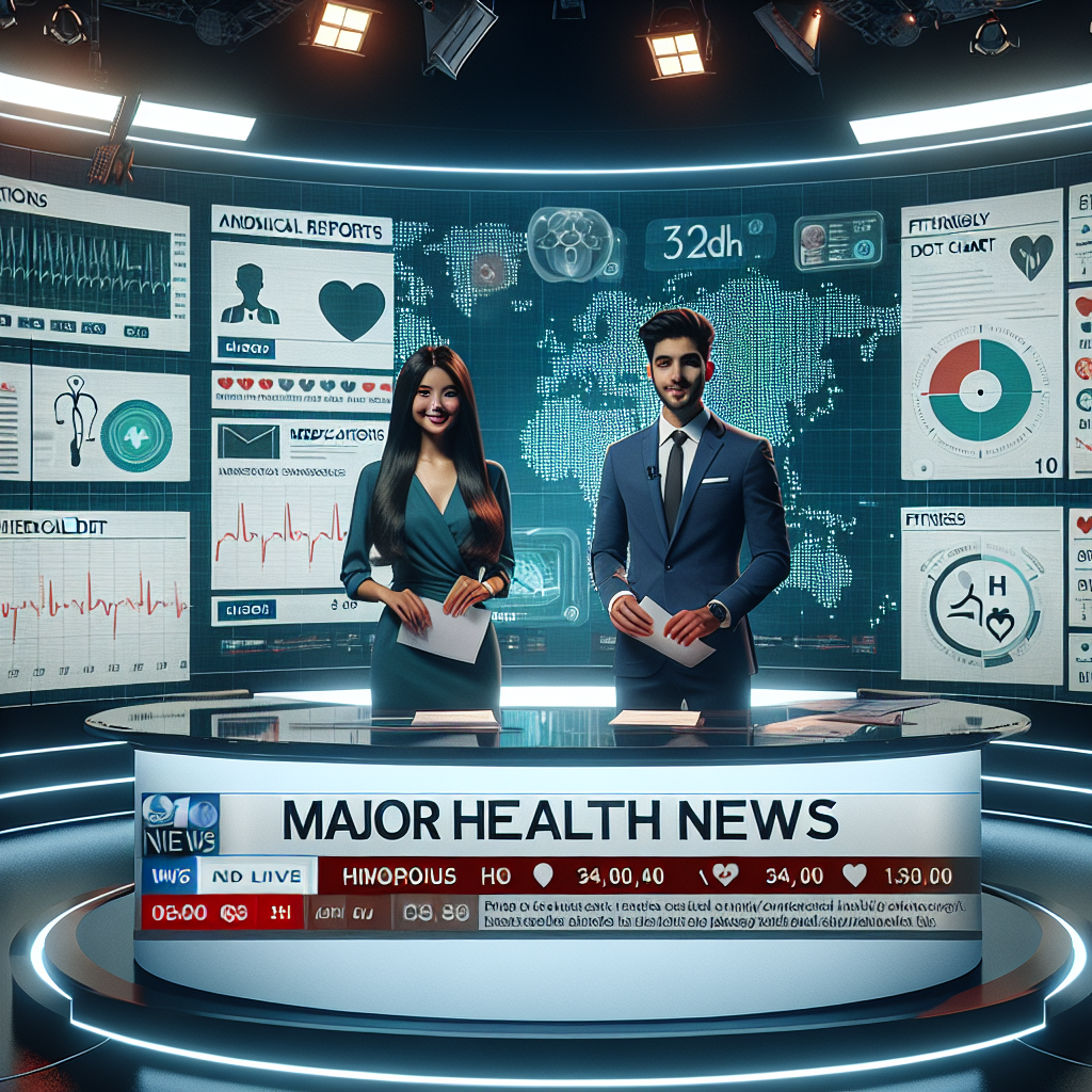 Visual rendition of an upbeat news environment where anonymous on-air presenters are delivering major health news. A South Asian female presenter and a Middle-Eastern male presenter are on screen. They are both in classy professional attire. On a large screen behind them, infographics symbolizing health milestones are displayed: medical reports, fitness graphs, health-oriented diet charts, medication schedules, and heart beats. The atmosphere should be lively, the news being presented is positive and life-changing. The studio should appear advanced and modern, with crisp lighting and tech-savvy decor.