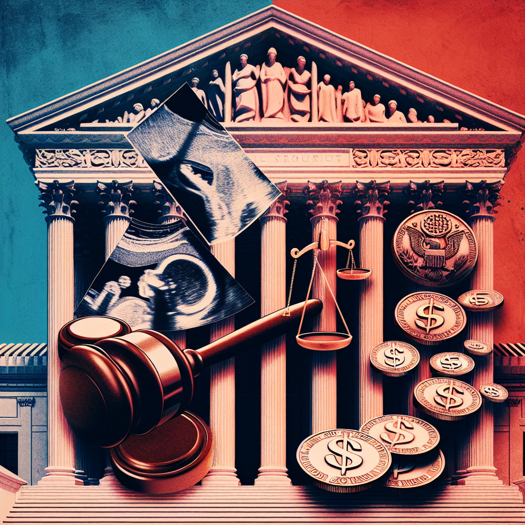 A conceptual representation of three significant societal issues depicted through symbolic objects: an ultrasound imagery for abortion, a gavel engraved with the constitution for legal jurisdictions, and scattered coins marked with dollar sign for student loans. The elements suggest important legal decisions, signified by an image of a balanced scale, the emblem of justice. The background is a blend of blue and red, symbolizing the politically charged landscape. An intricate carvings of a building akin to the US Supreme Court creates the backdrop. Please avoid any human figures or specific references in the image.