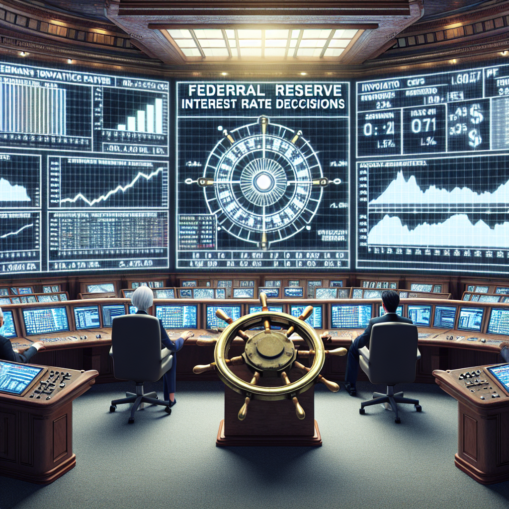 Visualize a detailed scene representing the Federal Reserve Interest Rate Decisions. Place it in an immense, grand navigational ship's command deck with numerous screens displaying various economic stats and graphs concerning inflation. Include anonymous economists, a Caucasian woman and a South Asian man, focusing on the screens, analyzing the data and making strategic decisions. Add symbolic elements like a large metal wheel symbolizing steerage and compass pointing towards economic stability. Use calming colors suggesting a controlled approach towards change.