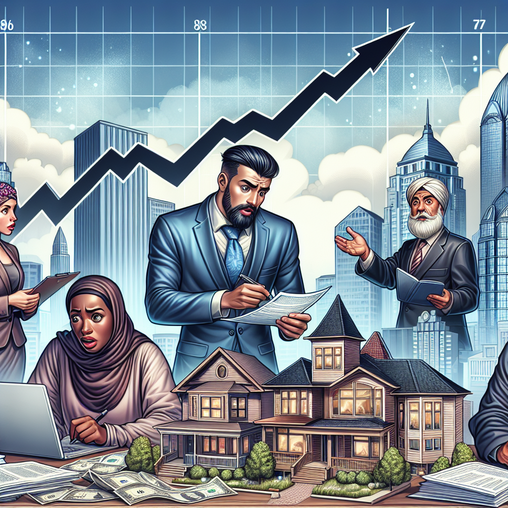 A detailed illustration of a housing market scene with elevated mortgage rates. Picture a bustling cityscape, real estate buildings of varied architectural styles, and a large graph in the sky that depicts soaring mortgage rates. In the foreground, include a bewildered and stressed-looking middle eastern male real estate broker examining paperwork while a black female potential home buyer looks at the graph with concern. Also, in the background, show a caucasian male bank representative at a desk, smiling knowingly in contrast to the overall ambience.