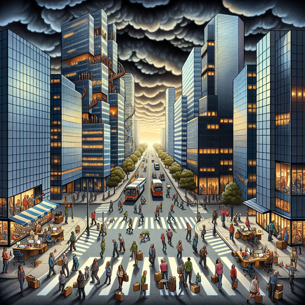 Picture this - a scene depicting the technological industry at a crossroads. Towering glass buildings representing major tech companies are teetering insecurely, reflecting a volatile market. Below them, the streets are bustling with individuals of various descents and genders, embodying technology professionals. Some are packing up their desks, others are in huddles planning their next moves, and a few are trudging ahead determined, signifying resilience. In the distance looming dark clouds symbolize forthcoming challenges, but there's silver lining hinting at hope. All this encapsulates the essence of surviving mass layoffs in the tech industry.