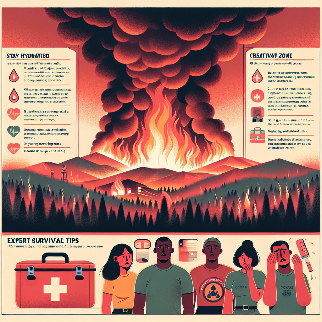 Illustrate a dramatic scene of red-orange wildfire raging in the distance. Foreboding plumes of smoke billow into an orange-tinted sky. Overlay a detailed infographic with clear, informative text showing expert survival tips - staying hydrated, wearing heat-resistant clothes, creating a safe zone. Include an illustrated first aid kit with basic necessities on one corner. Don't forget a diverse group of people - an Asian woman and a Black man - looking worried, yet determined in the face of this emergency. Make sure none of these elements are grossly exaggerated or offensive.